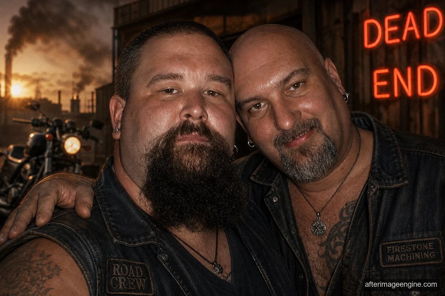 Two men remain close together in a darker industrial setting, beside a red DEAD END sign.
