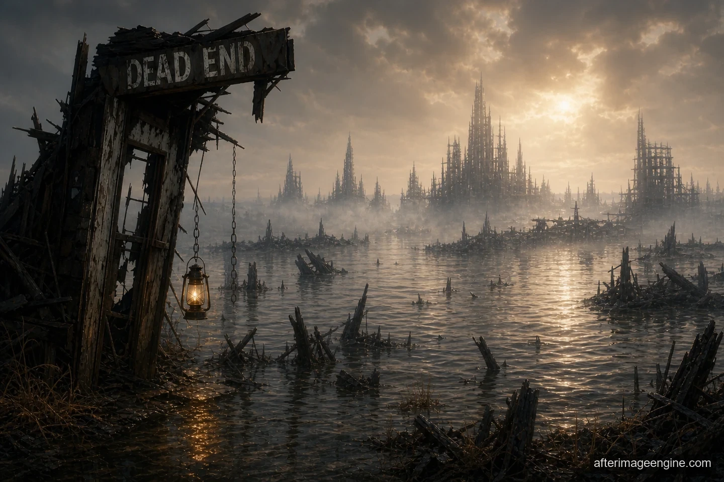 A lantern hangs beneath a ruined DEAD END sign overlooking floodwater and distant spires; no person is visible.