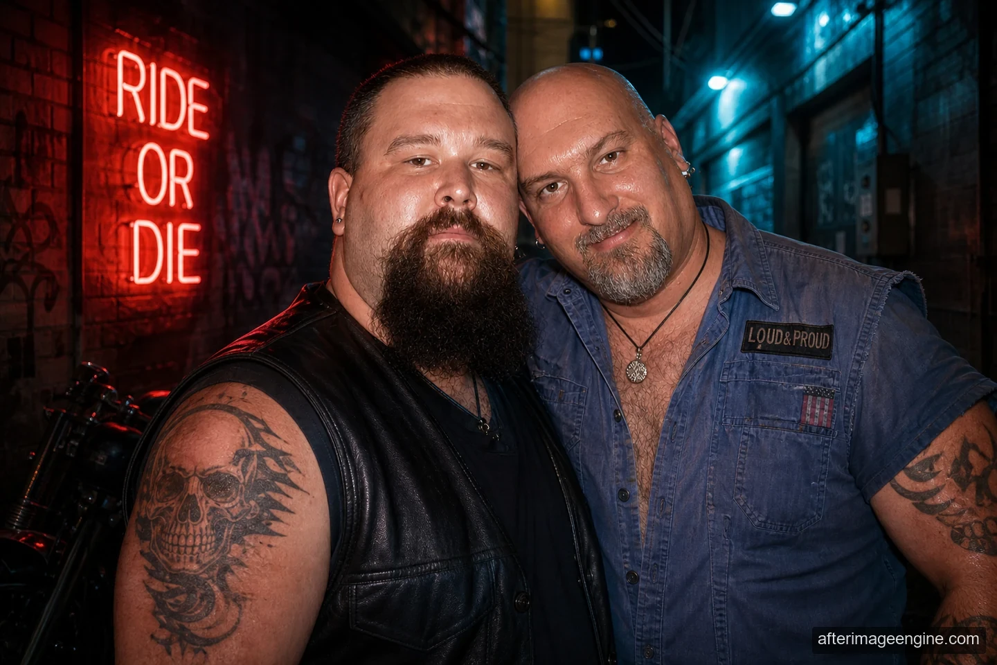 Two men stand close together in a neon-lit alley beside the words RIDE OR DIE.