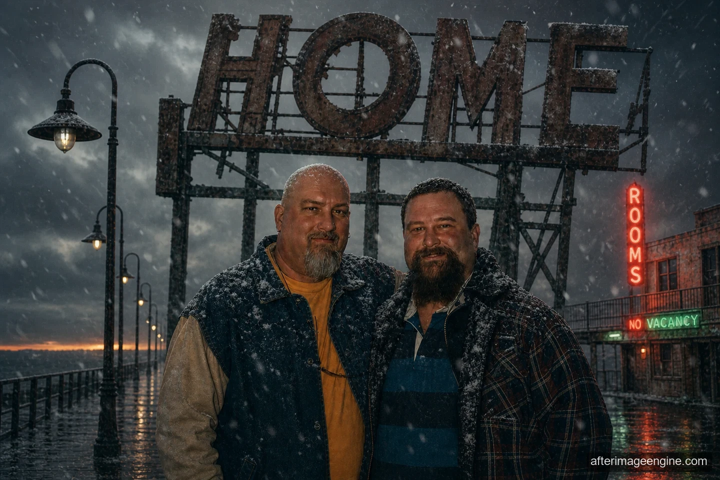 Two men stand under a weathered HOME sign as snow falls onto a dark, wet-looking walkway.